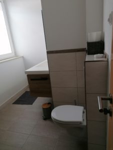 Badezimmer in der Ferienwohnung mit Toilette und braunem Waschtisch