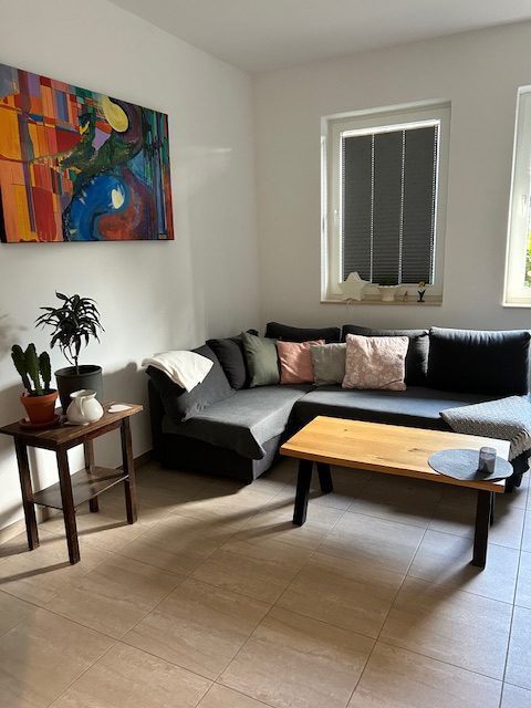 Sitzbereich der Ferienwohnung Heilbad Heiligenstadt mit bequemen Sofa und Couchtisch
